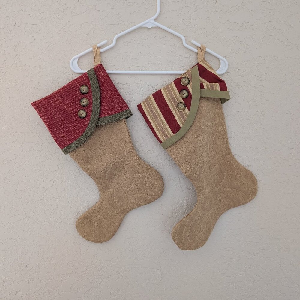 2 Handmade Christmas Stockings Holiday Gold Red Green Buttons